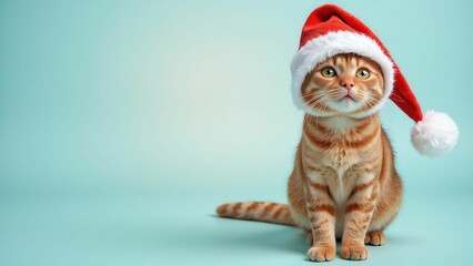 Obraz premium Adorable Ginger Cat Wearing a Santa Hat, Capturing the Holiday Spirit with Its Charming Expression Against a Soft Background