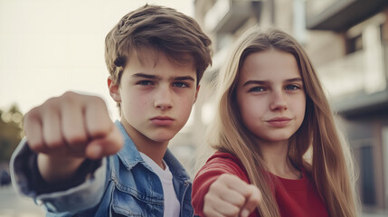 Fototapeta premium couple of caucasian teenagers standing outside and making fist gesture; blond teen boy and girl isolated on urban background