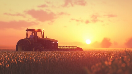 Fototapeta premium A farmer in a tractors and harvester working in the field to prepares the ground . Agriculture concept suitable for production. A tractor on a soybean farm in the spring sunset. generative ai