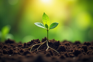 Naklejka premium plant grows roots deep fertile ground symbolizing life renewal amidst natural beauty world around