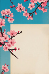 Cherry blossom branches frame empty space with blue backdrop