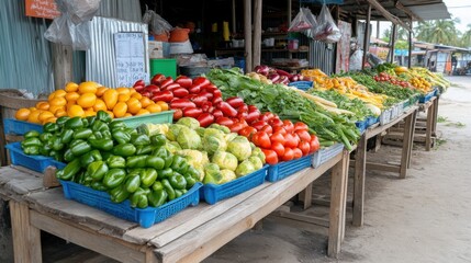 Obraz premium Fresh Colorful Vegetables Displayed on Farm Stand Tables at Local Market in Bright Daylight