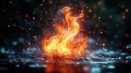 Fiery abstract art with water droplets and bokeh.