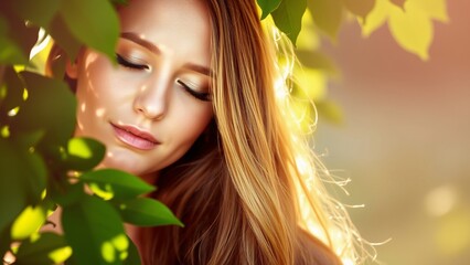 Fototapeta premium Serene Portrait of a Young Woman Among Lush Green Leaves in Soft Light