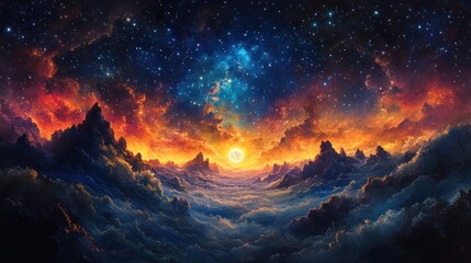 Fiery sunset, star-filled sky, alien landscape.