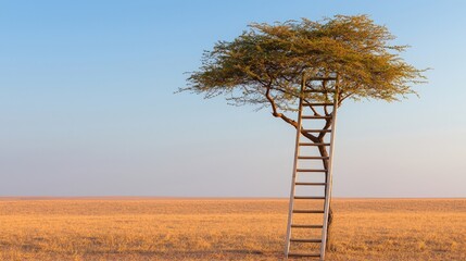 Obraz premium Path of beginning and start exploration, A solitary tree with a ladder stands against a vast, dry landscape under a clear blue sky, creating a serene and minimalist scene.