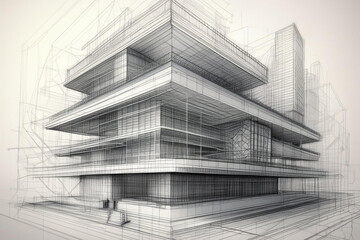Fototapeta premium Wireframe of building. sketch design. Digital project visualization