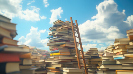 Obraz premium Abstract book stack with ladder on sky with clouds background. Ladder going on top of huge stack of books. Education and growth concept. 3D Rendering. Generative AI