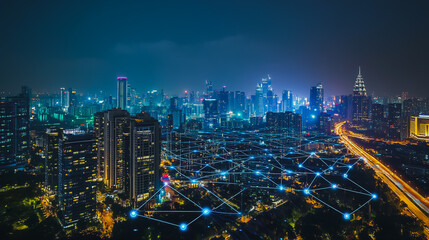 Fototapeta premium Abstract businessman stands on the peak of success Smart digital city with connection cyber security network reciprocity over the cityscape future wireless digital city and social media networking
