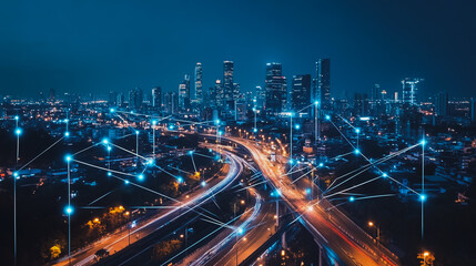 Abstract businessman stands on the peak of success Smart digital city with connection cyber security network reciprocity over the cityscape future wireless digital city and social media networking