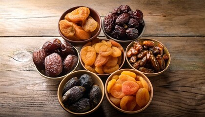 Assorted dried fruits in bowls on a wooden table.  A healthy and delicious snack.