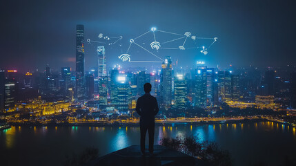 Abstract businessman stands on the peak of success Smart digital city with connection cyber security network reciprocity over the cityscape future wireless digital city and social media networking