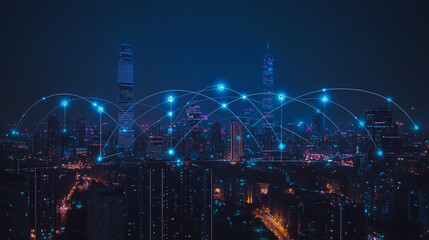 Fototapeta premium Abstract businessman stands on the peak of success Smart digital city with connection cyber security network reciprocity over the cityscape future wireless digital city and social media networking