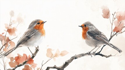Two Robins on a Branch: A Watercolor Painting of Nature's Beauty