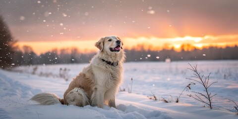 A large fluffy dog sits in a snowy field against the backdrop of a winter sunset. Beautiful winter landscape with a dog. Ideal for use as a background, illustration, for creating postcards, calendars.