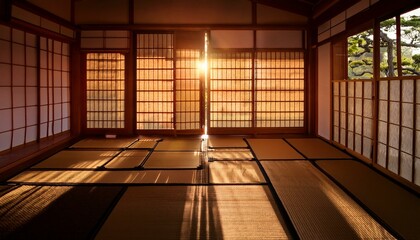 Sunlight streams through shoji screens in a serene Japanese room.