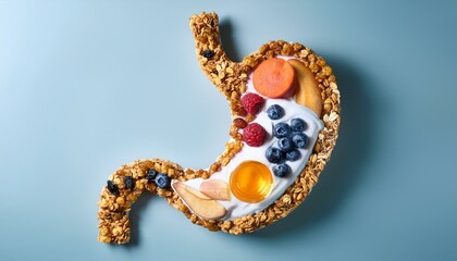 Healthy breakfast: Granola, yogurt, and fruit arranged in the shape of a stomach.