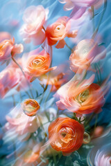 The image features a blurred, motion-effect photograph of vibrant flowers in shades of orange and pink, set against a soft blue background, evoking a dynamic, summery atmosphere.