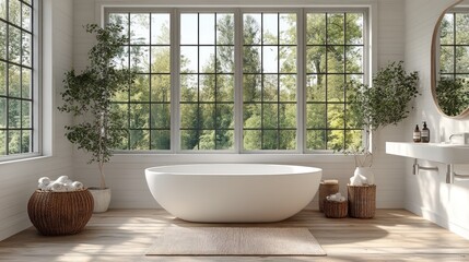 Fototapeta premium Serene bathroom, freestanding tub, forest view.