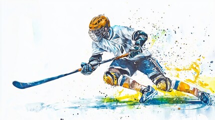 Obraz premium Dynamic Hockey Player in Action - A Watercolor Painting of Speed, Skill, and Intensity on the Ice