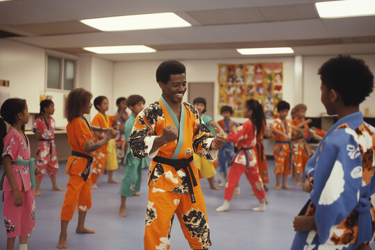 Kinder in bunten Anzügen beim Kampfsporttraining mit Freude und Energie

