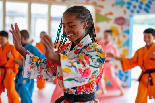 Kinder in bunten Anzügen beim Kampfsporttraining mit Freude und Energie

