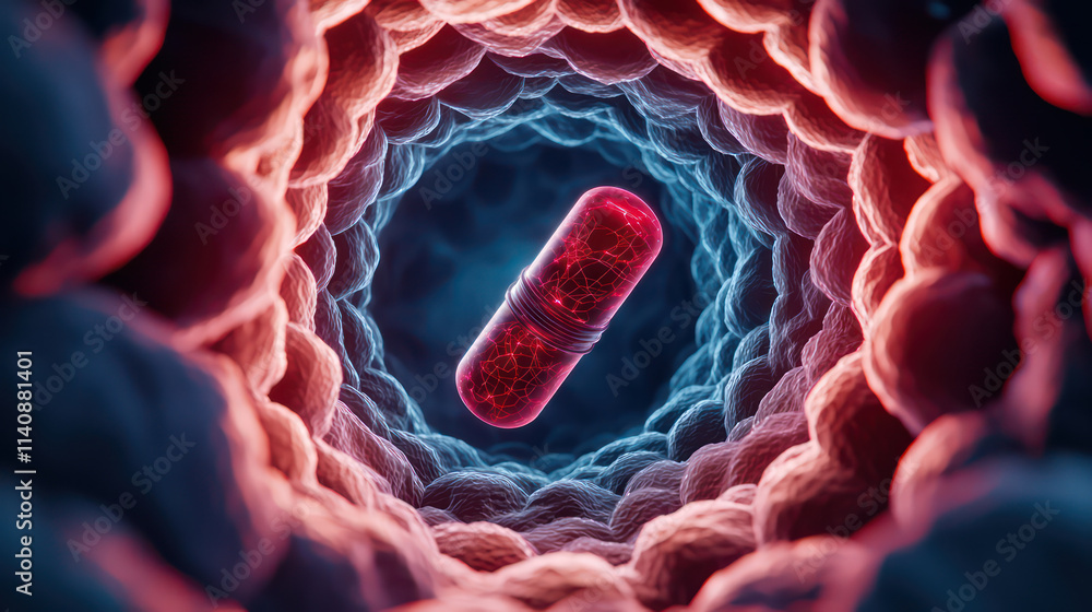 Poster close up view of red capsule surrounded by cellular structures, depicting surreal scientific concept