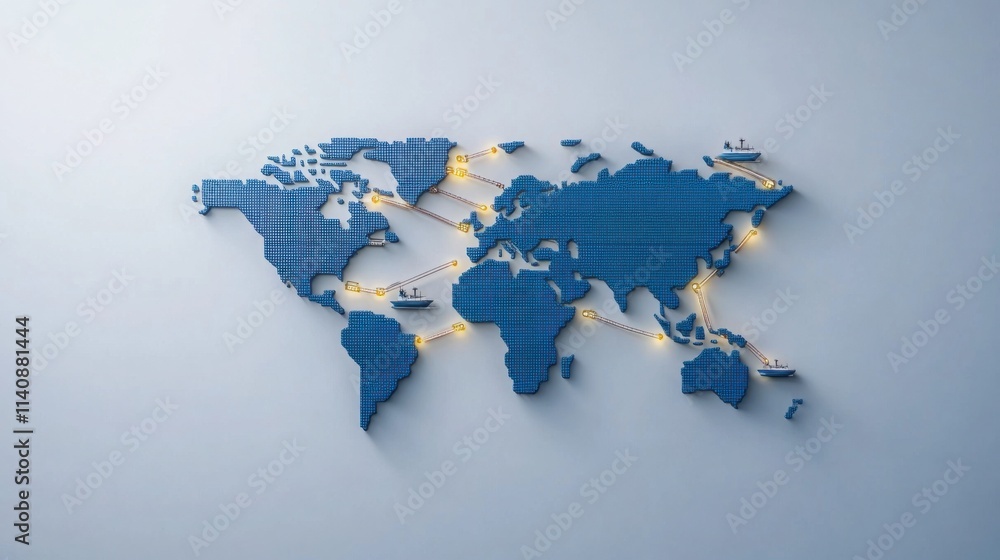 Poster a world map overlay with shipping routes highlighted, showing cargo ships in motion