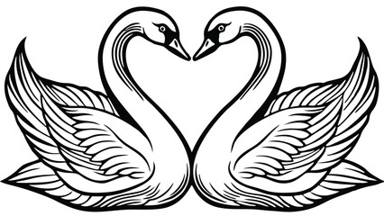 Couple swans line art style vector illustration. Couple of romantic birds for wedding invitation design