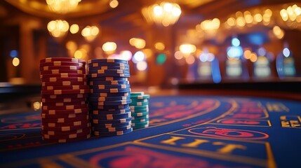 CCTV surveillance monitoring chip stacks at a bustling casino during evening hours