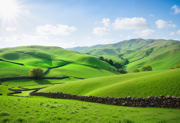 Fototapeta premium Wide Green Pastoral Green Highlands with Historic Stone Boundaries under Cloud-Dotted Sky