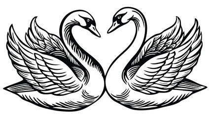Couple swans line art style vector illustration. Couple of romantic birds for wedding invitation design