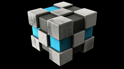 Abstract 3D Cube: Grey, Blue, and Black Blocks