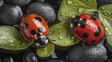 Ladybugs on Dew-Kissed Leaves