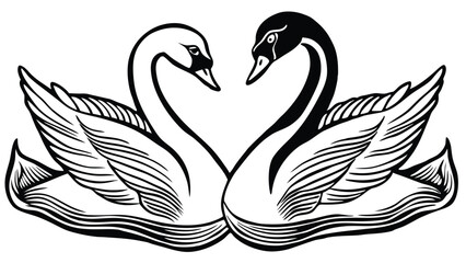 Couple swans line art style vector illustration. Couple of romantic birds for wedding invitation design