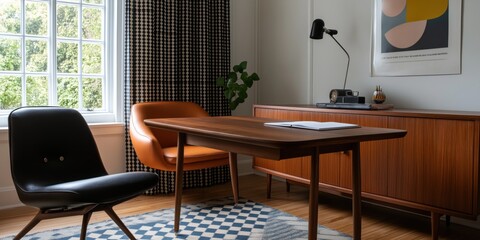 A sleek, minimalist home study with modern desk, leather chairs, patterned rug, and geometric wall art.
