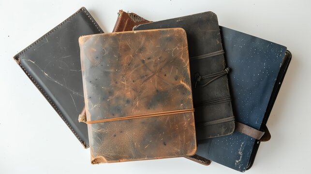 A top-view image of vintage-style notebooks on a clean white background.--ar 16:9