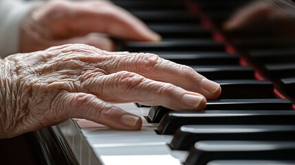 Close-up of elderly hands playing the piano