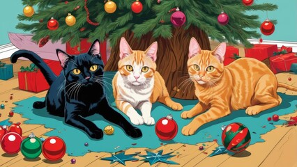 Fototapeta premium Humorous holiday scene with cats causing a mess and toppling a Christmas tree
