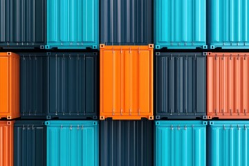 Fototapeta premium Bright orange shipping container stands out in a yard filled with dark blue and gray containers