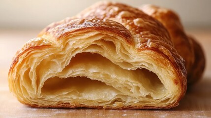 Close-up of a flaky pastry, showing layers of buttery, golden-brown dough.
