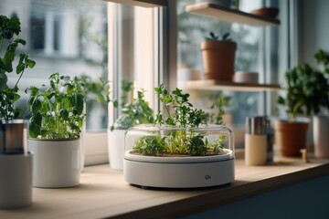 A windowsill garden flourishes with vibrant herbs and plants, capturing the essence of urban gardening and sustainable living.