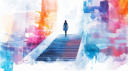 Abstract watercolor painting of woman walking up stairs, symbolizing hope, journey, and new beginnings. Uplifting and inspirational artwork.