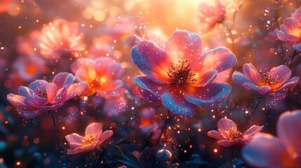 Magical, glowing, pink flowers, sparkling dust.