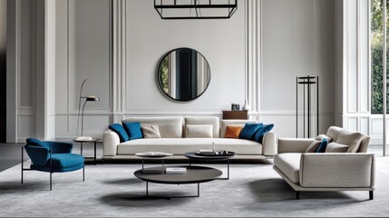 Modern living room interior with beige sofa, blue armchair, coffee tables, and round mirror.