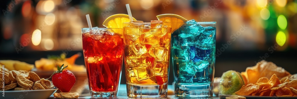 Poster brightly colored cocktails sit on a table accompanied by various snacks and fresh fruit slices, crea
