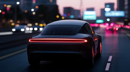 Futuristic electric car driving on a city highway at night. (2)