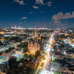 Fototapeta premium Aerial view of a cityscape at night featuring a historic church.