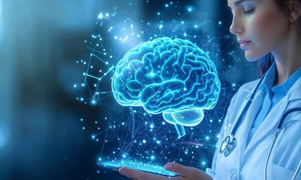 Female doctor examining a digital brain hologram, representing the intersection of neurology, technology, and modern medical practices in mental health diagnostics