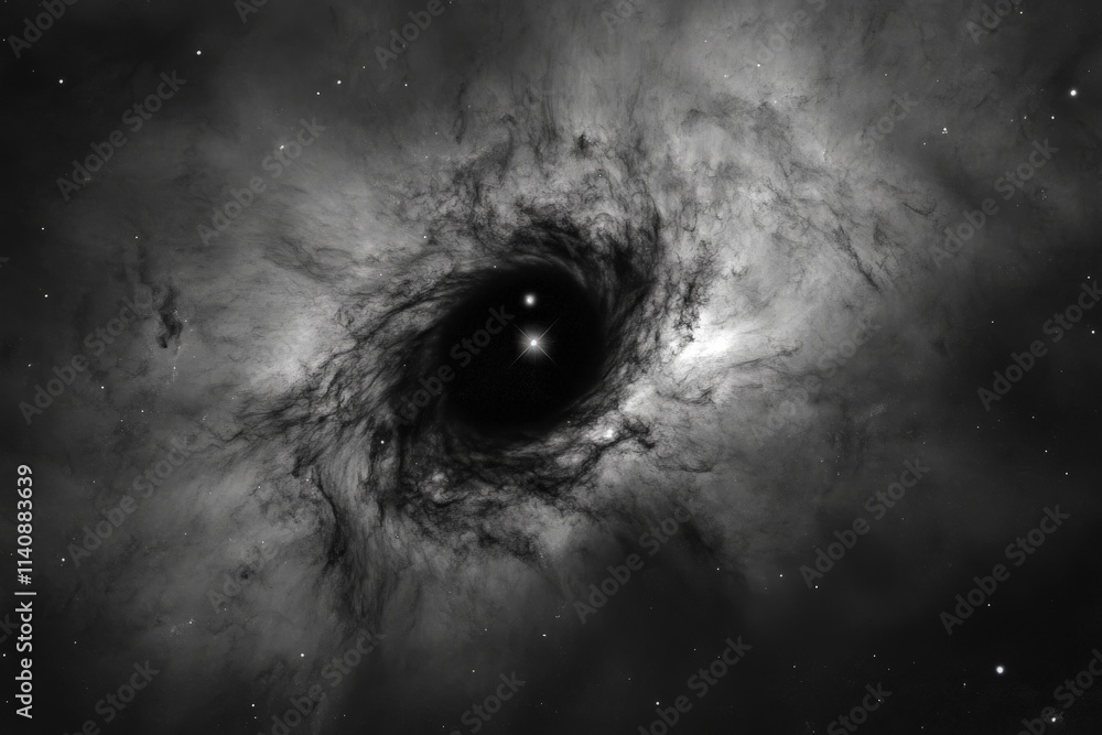 Poster in this monochrome image, a black circle amidst swirling clouds creates an eerie atmosphere, represe